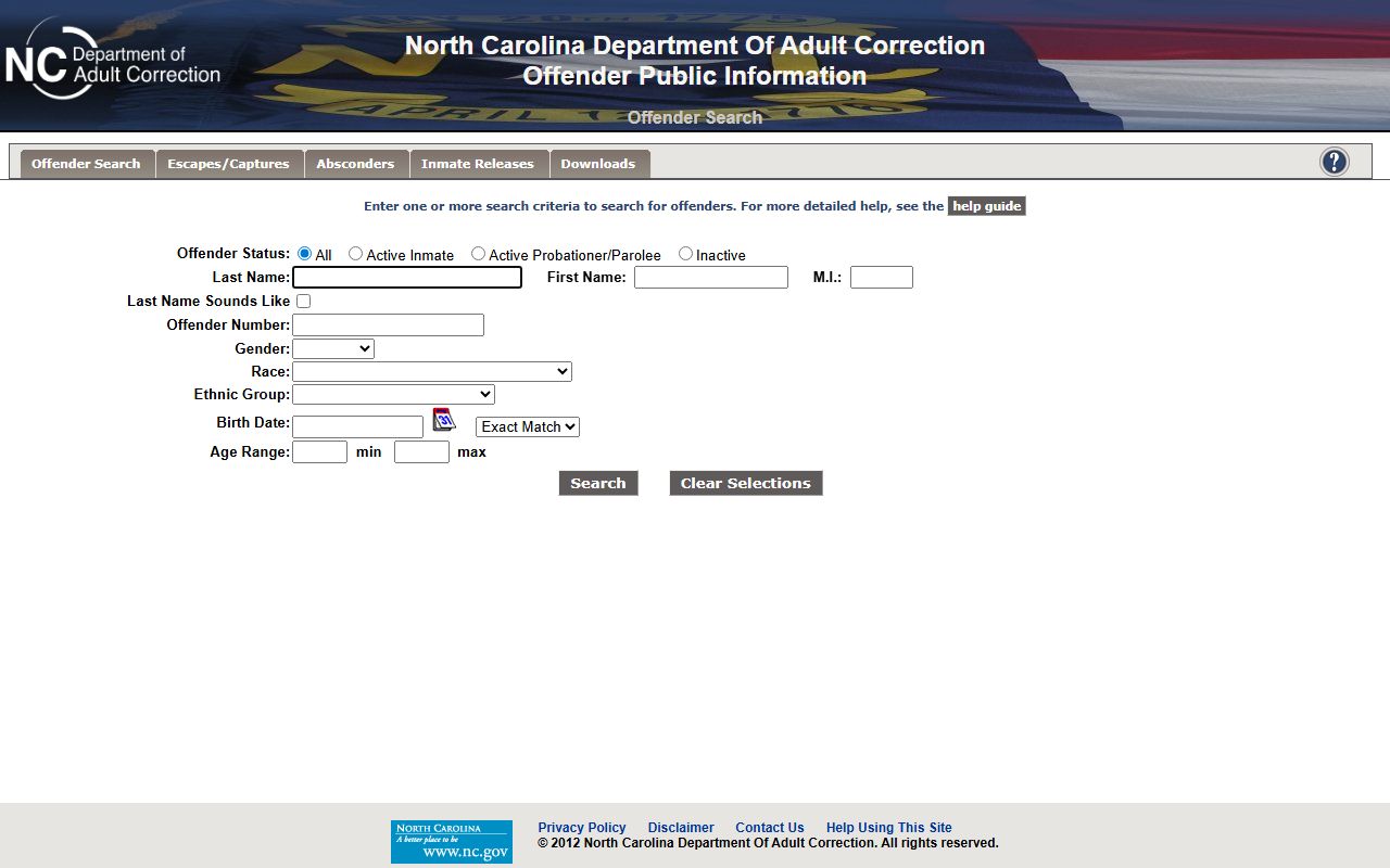 NCDAC Offender Public Information Search form for state prison offender lookup