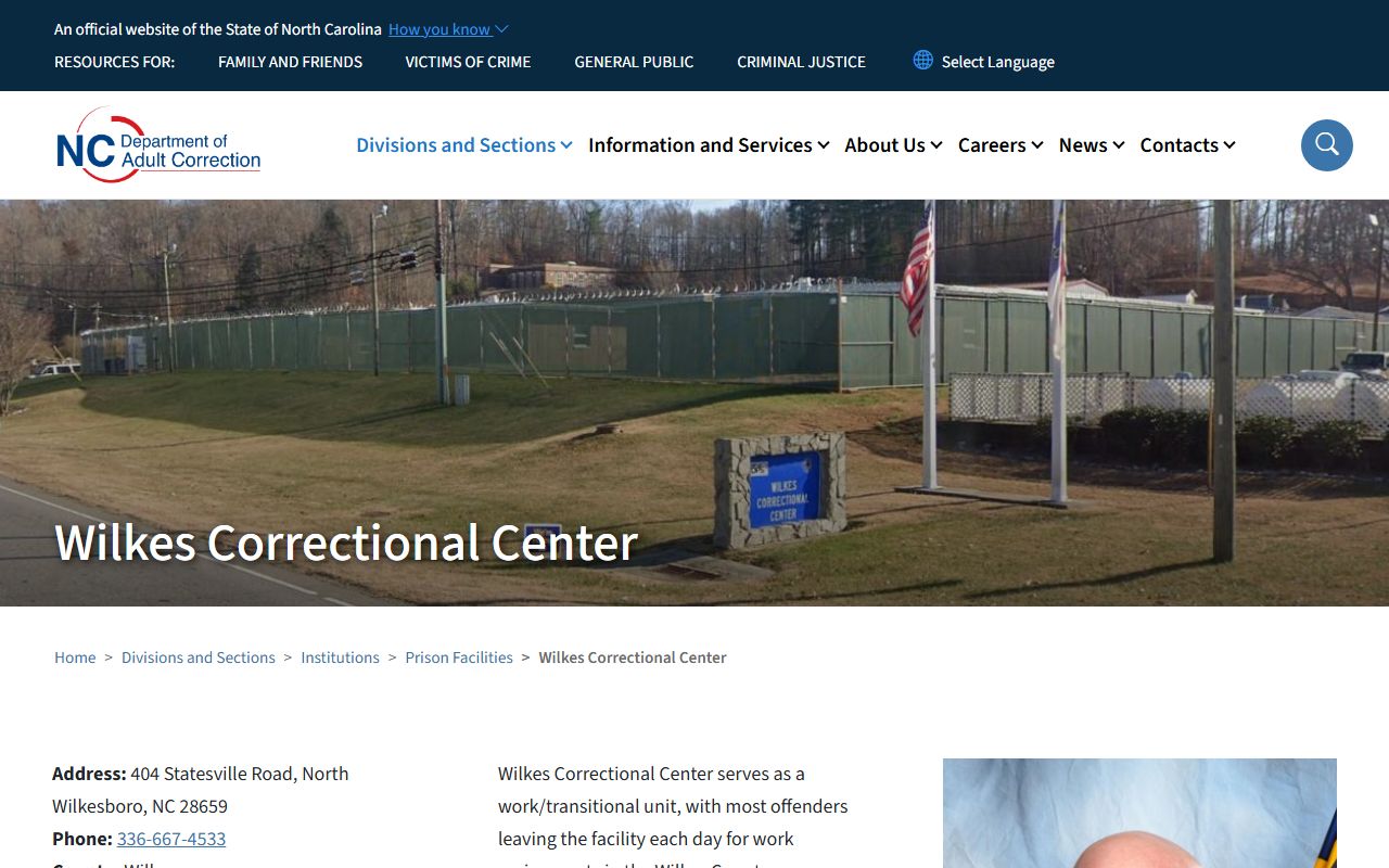 North Carolina Department of Adult Correction Wilkes Correctional Center facility page