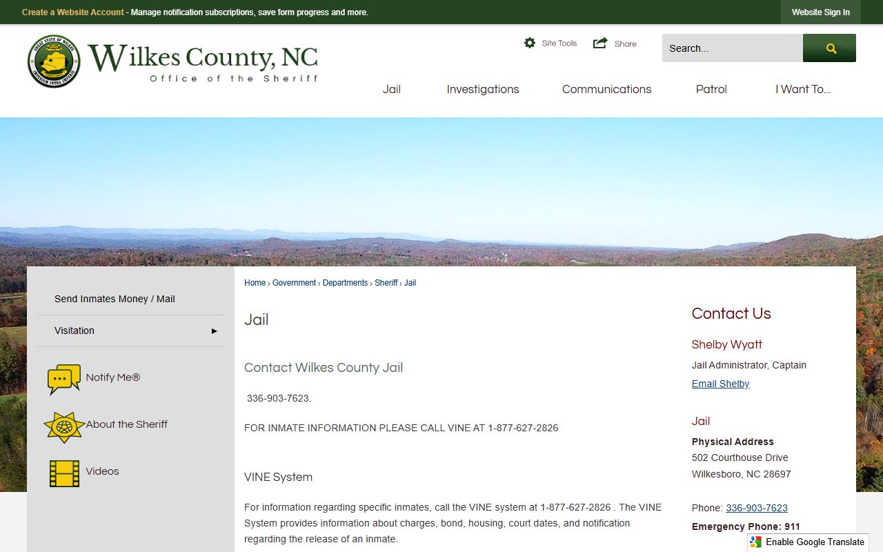 Wilkes County inmate population jail page with VINE custody search notice