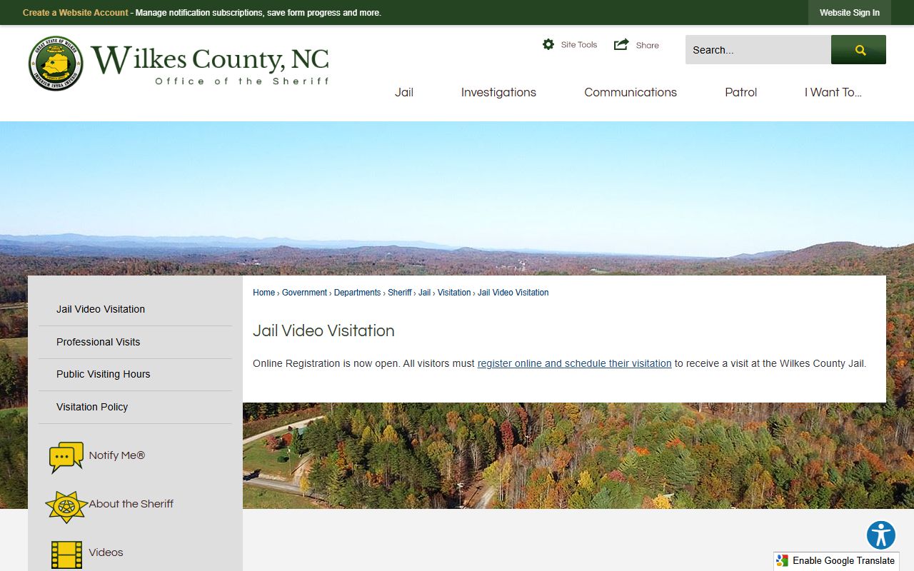 Wilkes County video visitation page instructing visitors to register and schedule online